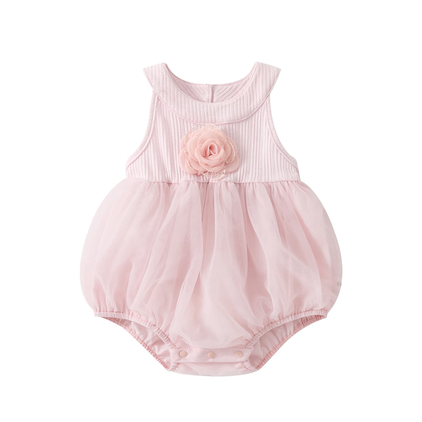 Dianxi Baby Girls Summer New 3D Flower Neck Knit Romper Sweet Stylish Mesh Ruffle Bodysuit