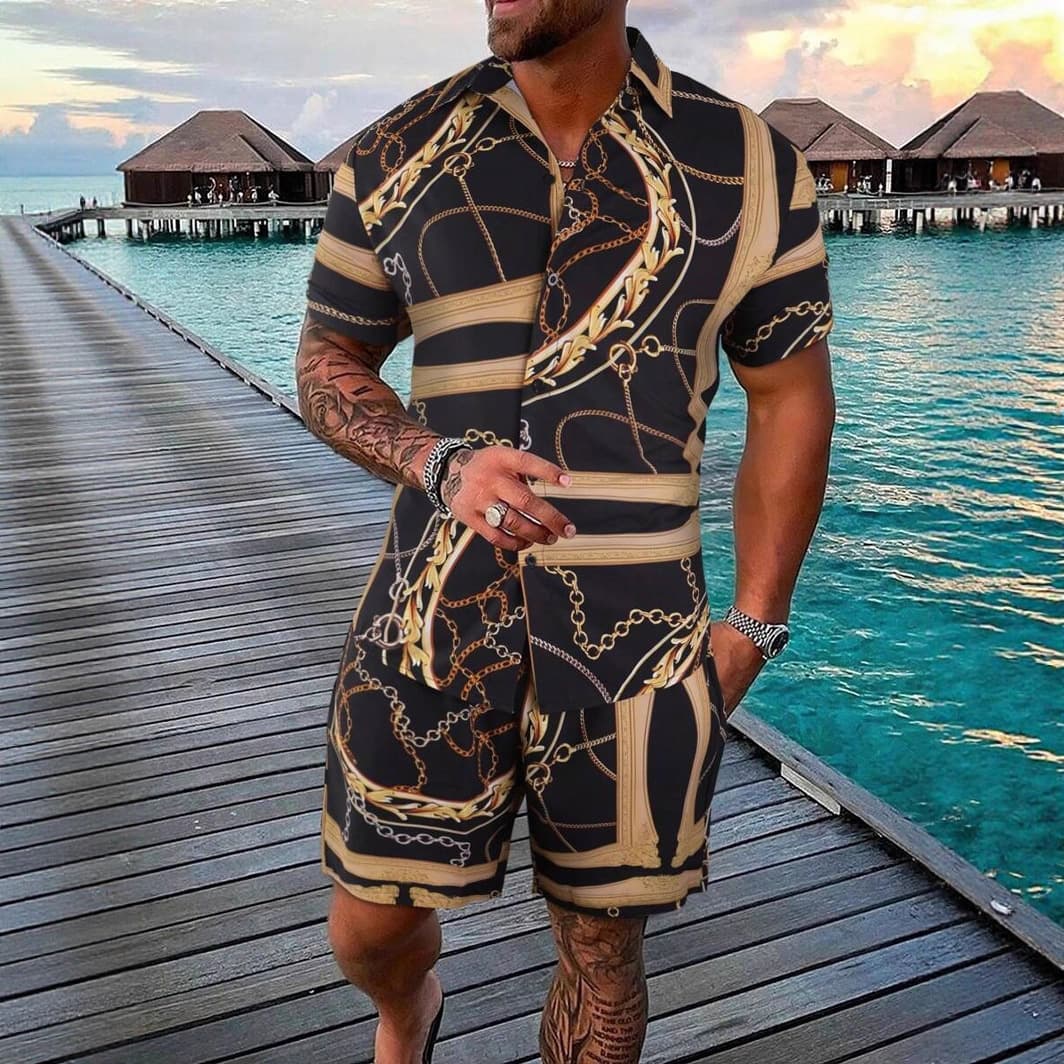 Summer seaside vacation style, golden chain 3D digital printing design, short-sleeved beach pants, casual suit