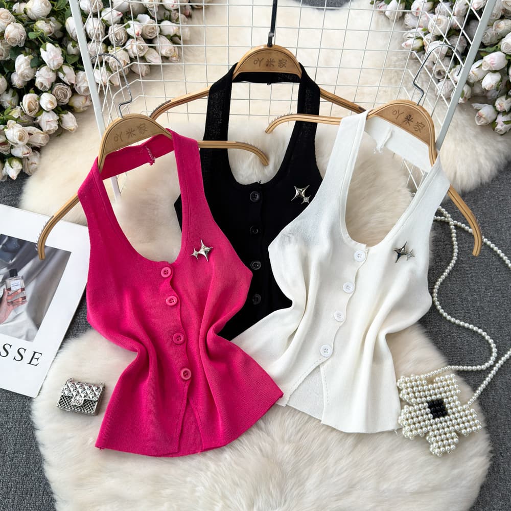 Fashionable Halter Backless Single-Breasted Slim Fit Knitted Vest for Women, Wear as Outerwear or Western-Style Layering Top
