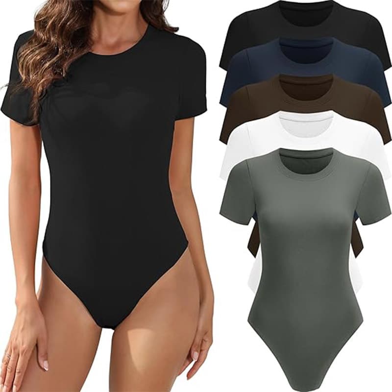 In Stock Cross-Border Amazon European and American Women's Short Sleeve Round Neck Casual Stretch Basic One-Piece T-Shirt Tight Top