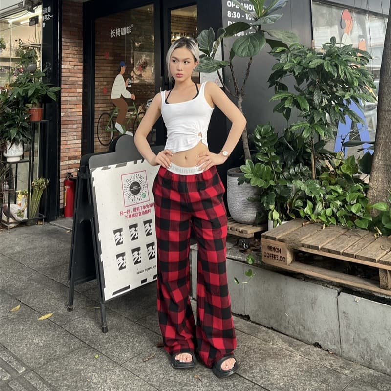 Holli*ster American Retro Seagull Plaid Letter Tape Casual Versatile Long Pajama Pants Checkered Pants