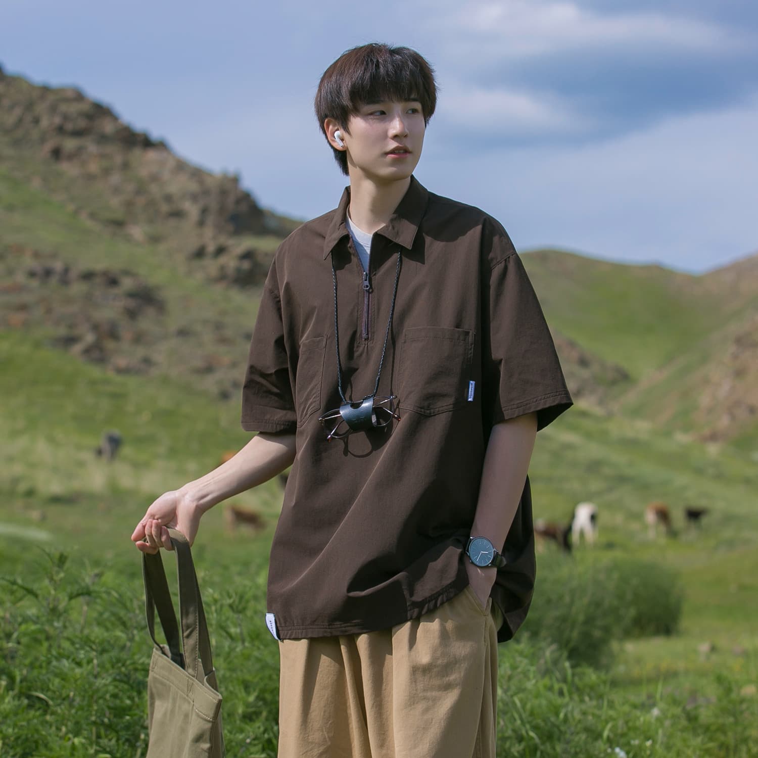 Brown Half-Zip Shirt Men's Short-Sleeved Japanese Style vintage Polo Collar T-Shirt Fashion Brand vintage Workwear Half-Sleeve Shirt