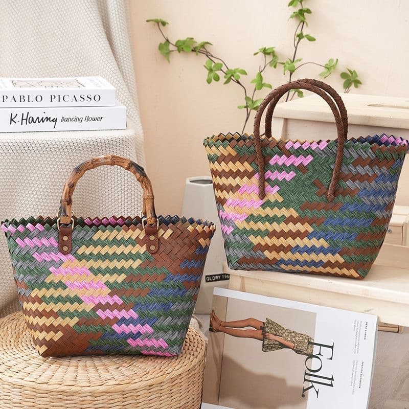 Women's PP Straw Woven Bag, Handmade Bucket Bag, 26 Summer New Contrast Color Handbag, Basket Bag