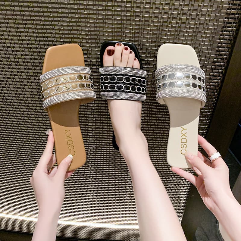 Cross-border Rhinestone Flat Slide Sandals Women 2025 Summer New Style Casual Beach Slippers Wholesale