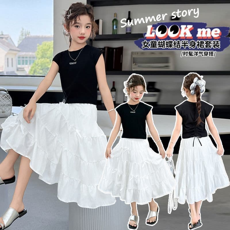 2025 New two-piece summer set with tiered skirt for stylish big and medium girls