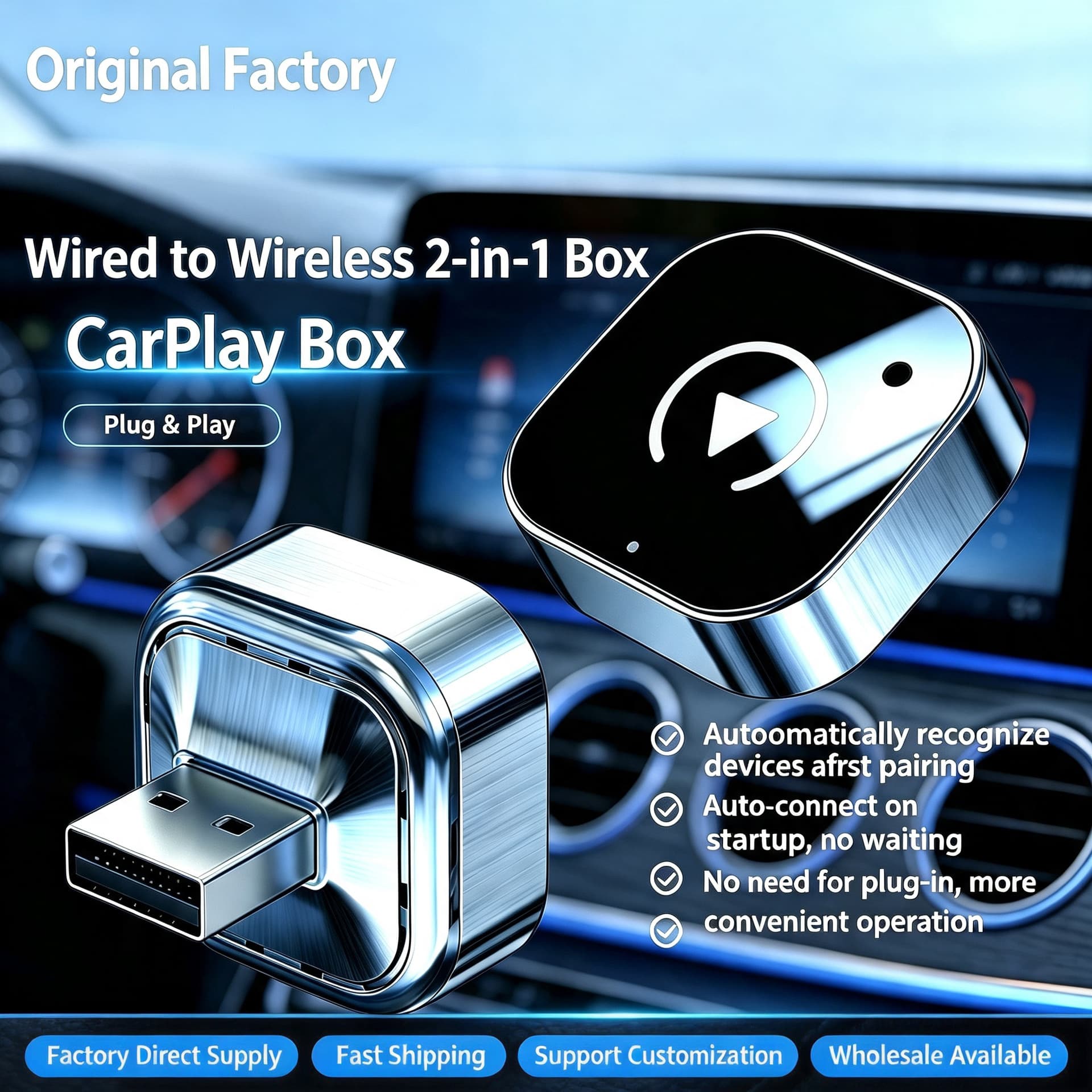 Cross-border Wireless CarPlay Adapter Compatible with iPhone and Android, Bluetooth with No Delay, In-Car Hands-Free Calling