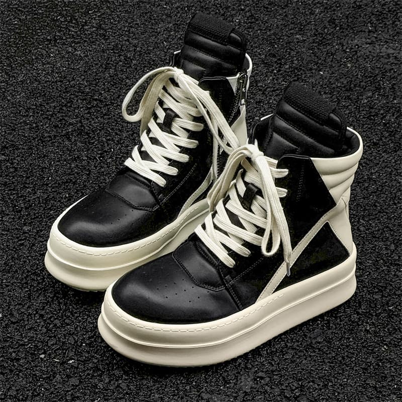 2024 New Inverted Triangle Thick Sole Sneakers Men's Autumn/Winter Black and White Fashion Genuine Leather Dark High Street Couple Trend Shoes