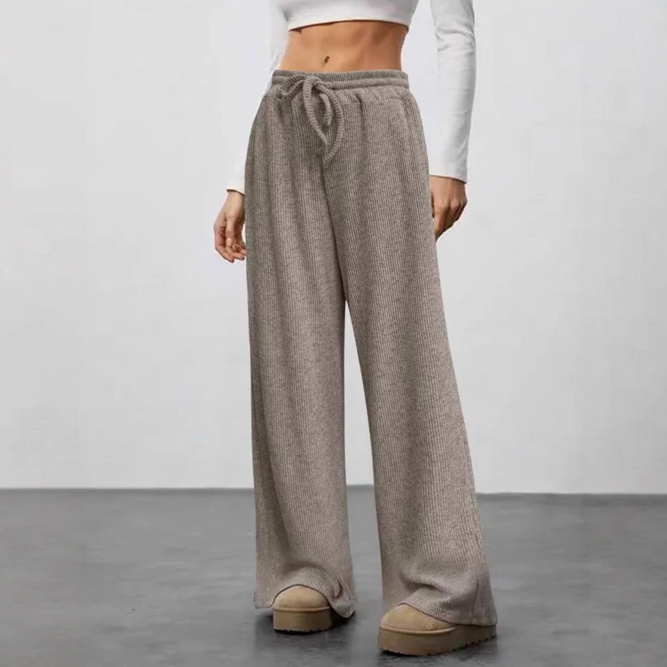 Women's Solid Color American-Style Vertical Ribbed Drawstring High-Waisted Straight-Leg Pants, Loose Fit with Pockets, Comfortable for All Seasons