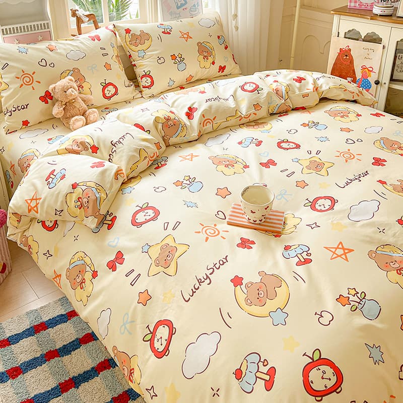 Four-piece set of pure cotton Good Night Bear cartoon pure cotton four-piece set of student dormitory three-piece set of pure cotton quilt cover