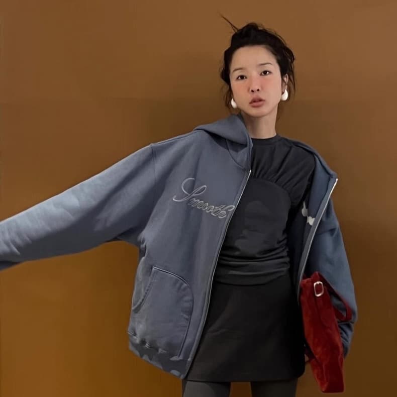 Smooth Letter Embroidery Double-Zip Hooded Sweatshirt Jacket with Thick Fleece Lining, Extra Thick