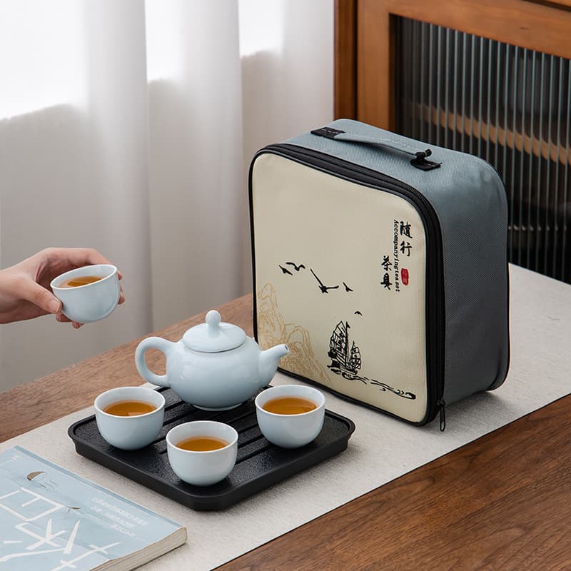 Portable Travel Celadon Tea Set with Tea Tray Souvenir Corporate Gift Logo Opening Real Estate Gift