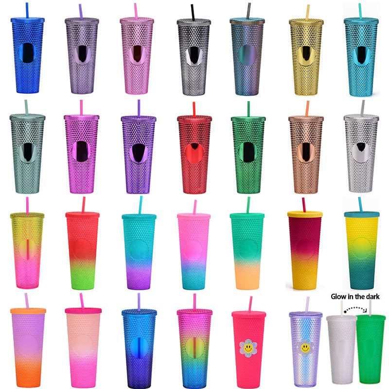 Double-Layer Plastic Straw Cup Large Capacity Creative 710ml Durian Cup Hand Cup Luminous Color-Changing Rainbow Gradient Cup