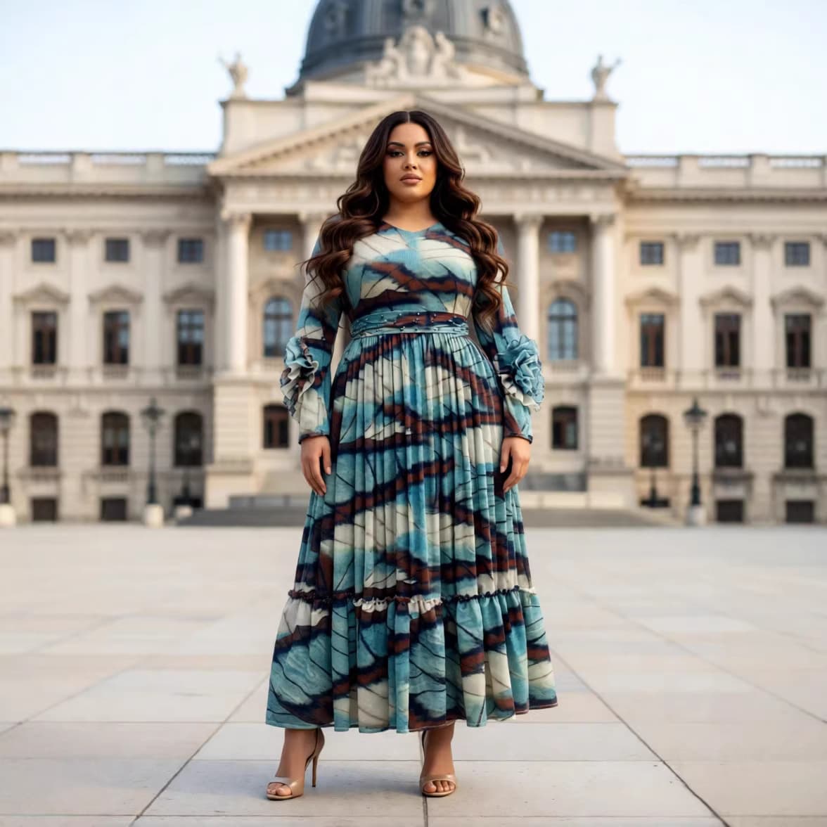 Miyake Pleated Plus Size Dress for Cross-Border Europe and Africa, Fashionable Printed Loose Elegant Women's Long Dress