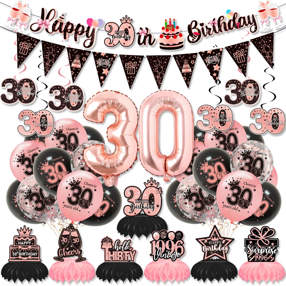 Amazon Pink Birthday Banner and Balloon Set for 30th, 40th, 50th Birthday Party Decorations