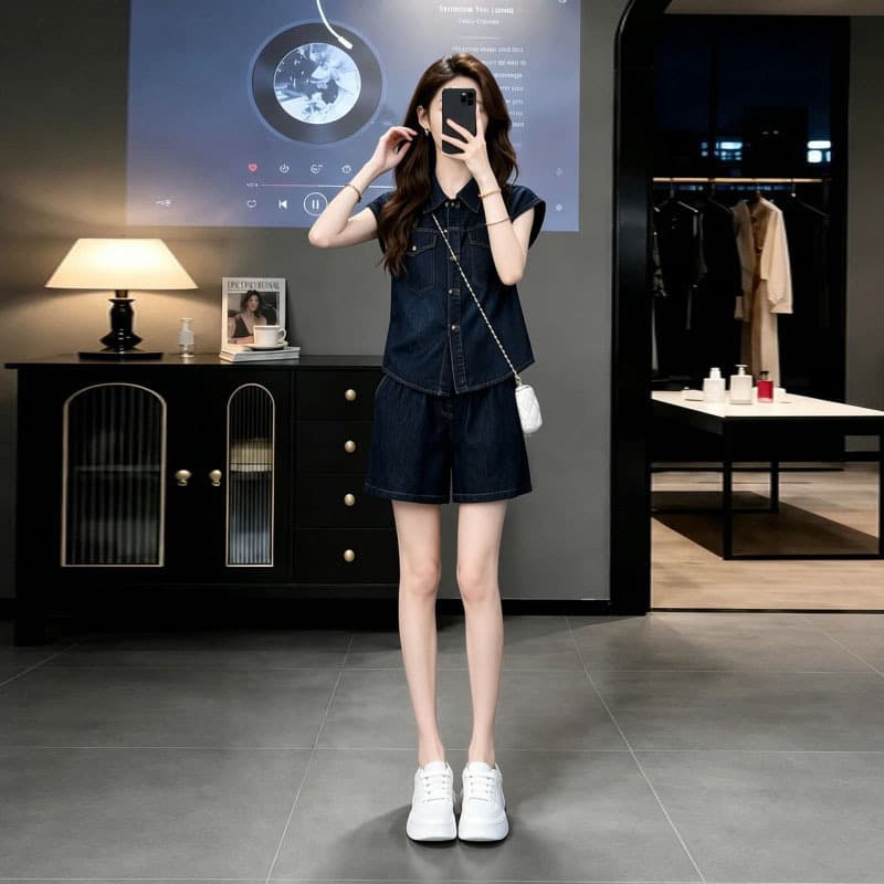Unique Pretty Summer Small Suit Set Women Korean Youthful Petite Denim Short Sleeve Shorts Casual Sport Two-Piece Set