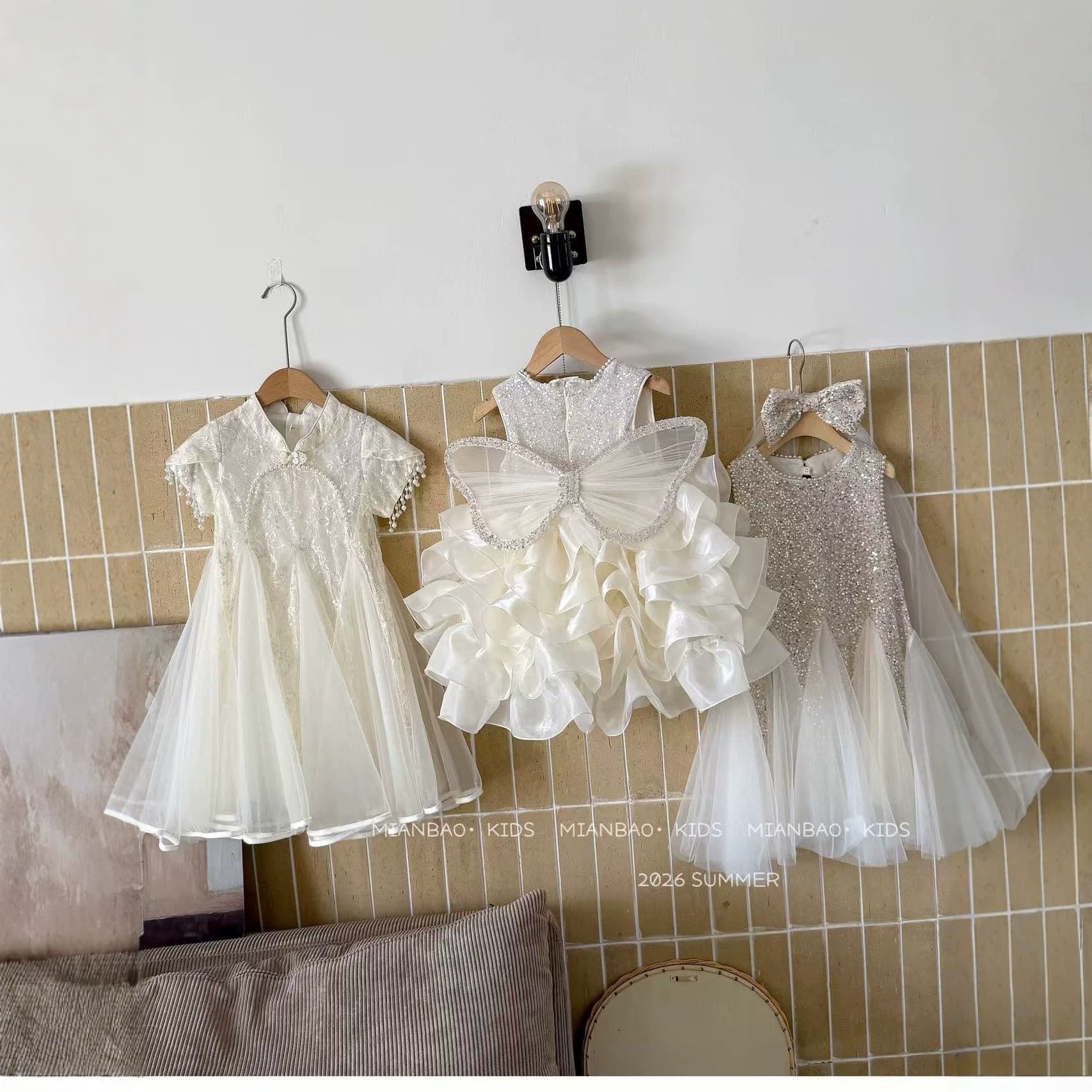 2026 Summer New Girls White Moonlight Princess Tulle Dress with Sequined Butterfly Wings and Veil, Puffy Princess Dress