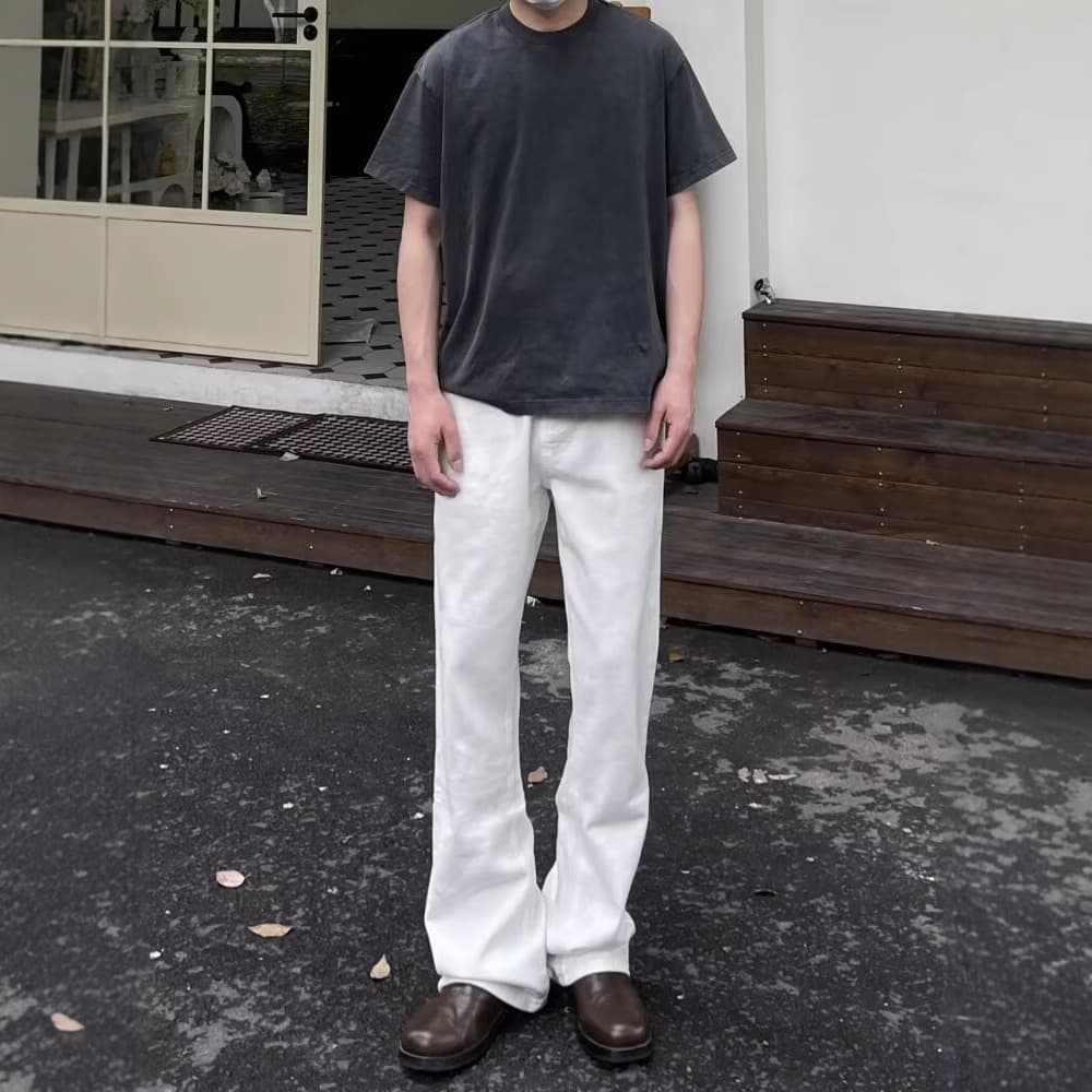Pure white American high-street vibe slim-fit elongated tall drape casual versatile micro-flare jeans for men