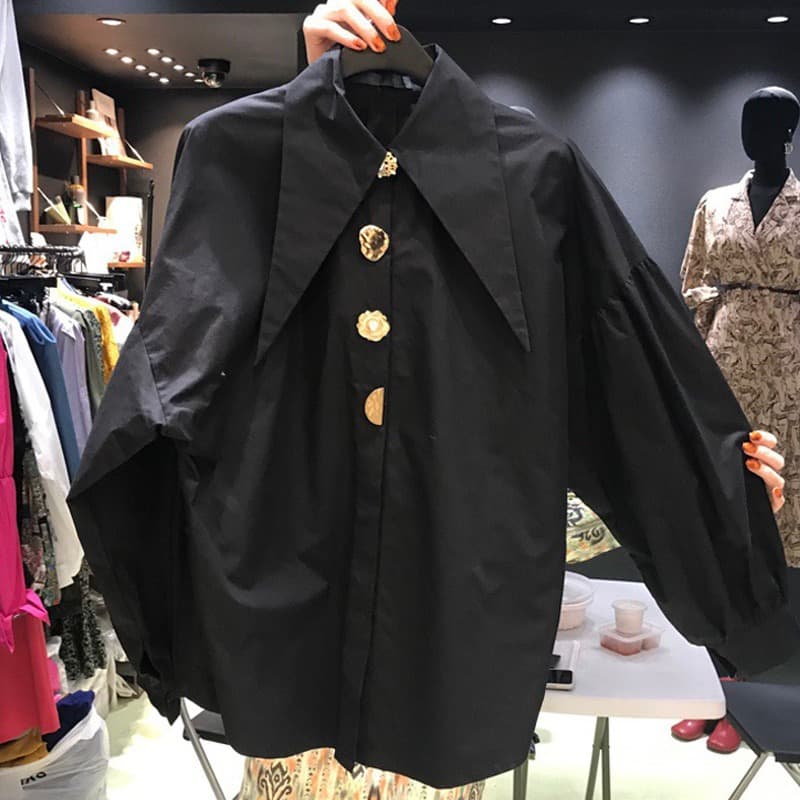 Korean Dongdaemun 2026 Spring New Trendy Pointed Lapel Fashion Button Long Sleeve Blouse for Women