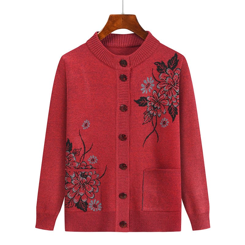 Middle-aged and elderly women's autumn/winter mom's top, round neck printed cardigan loose casual grandma's outerwear.