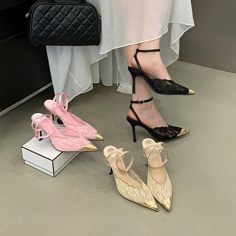 Women's Elegant Lace Mesh Closed-Toe Sandals 2026 Pointed-Toe Stiletto Heels Sexy Fashion High Heels Summer New Arrival