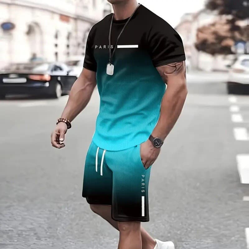 2025 Cross-Border Best-Selling Set Fashion Short Sleeve T-Shirt Pants Loose Men's Wear 3D Digital Print Gradient Color
