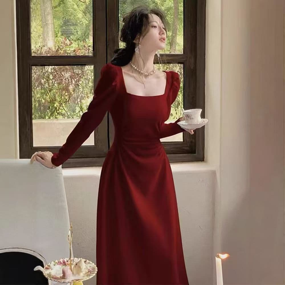 Cross-border foreign trade red long-sleeved dress women's spring and autumn French engagement dress bride's toast dress red skirt long dress