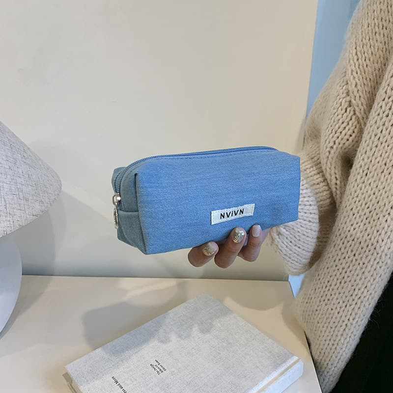 Japanese denim solid color pencil bag large capacity student stationery storage bag portable cosmetic bag feeling clutch bag