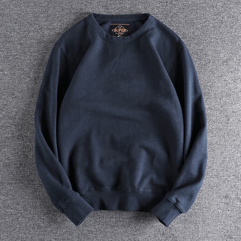 Winter Men's Solid Color Hoodie, Washed Bamboo Cotton Fleece-Lined Thick Style British Retro Top, Trendy Jacket with Round Neck Pullover