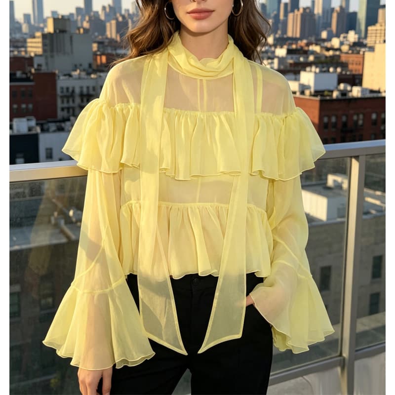 French Design Ruffle Blouse for Women Long Sleeve Sheer Layered Fashionable Slimming Top