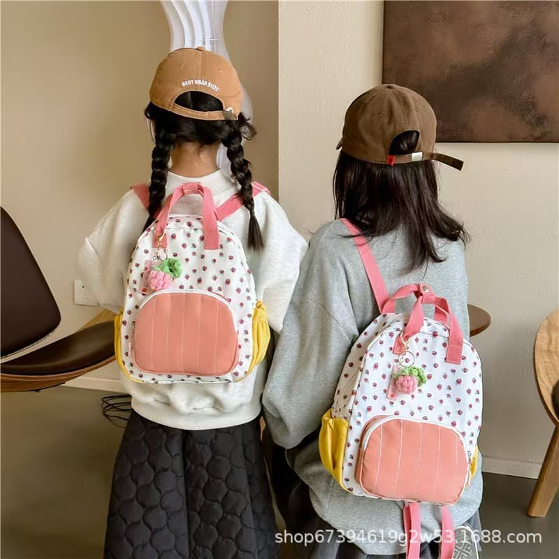 New Dopamine Style Color-Blocking Backpack for Girls, Korean High-Appearance Strawberry Backpack, Cute Casual Small Schoolbag