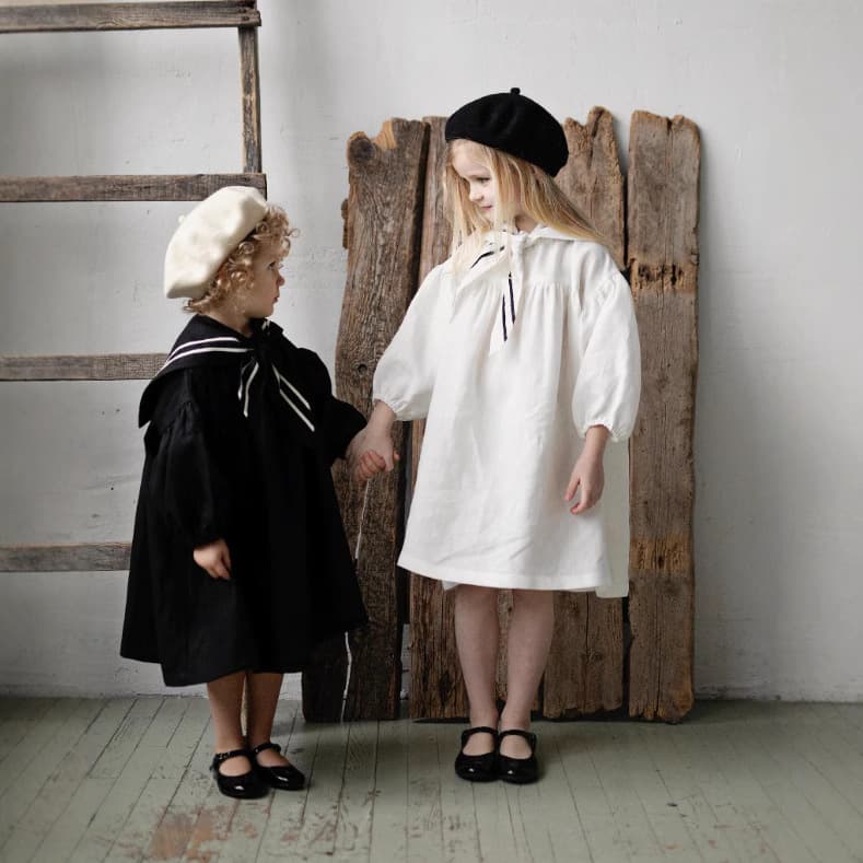 2025 ins Nordic girls linen spring and autumn casual puff sleeve British navy collar children's American dress