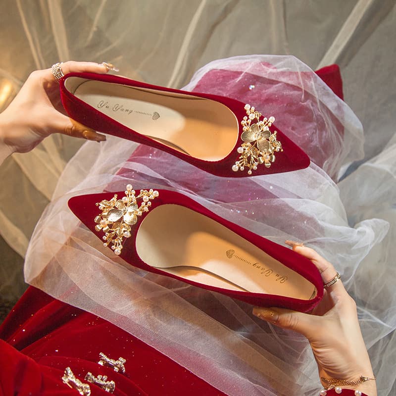 Red Wedding Shoes for Bride, 2-in-1 Comfortable Heels, Qun Gua & Wedding Dress, Low Block Heel, Wide Size Available
