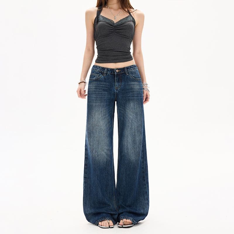 2026 Spring/Summer New American Vintage Deep Blue Low-Rise Straight-Leg Micro-Flare Jeans for Women