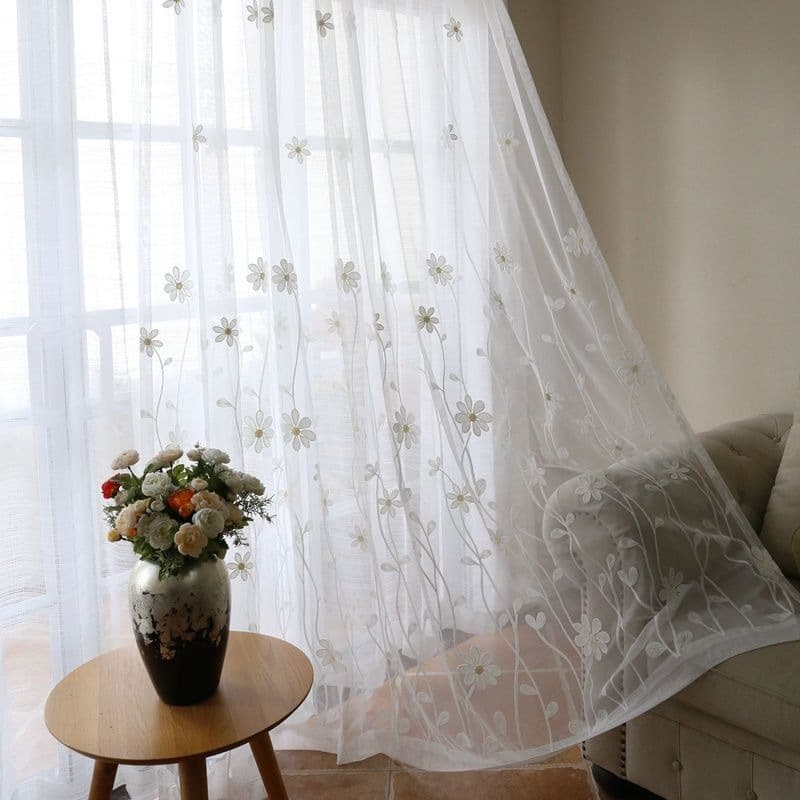 High-end embroidered white gauze curtains, retro and artistic semi-blackout curtains, luxurious living room and balcony partition curtains.