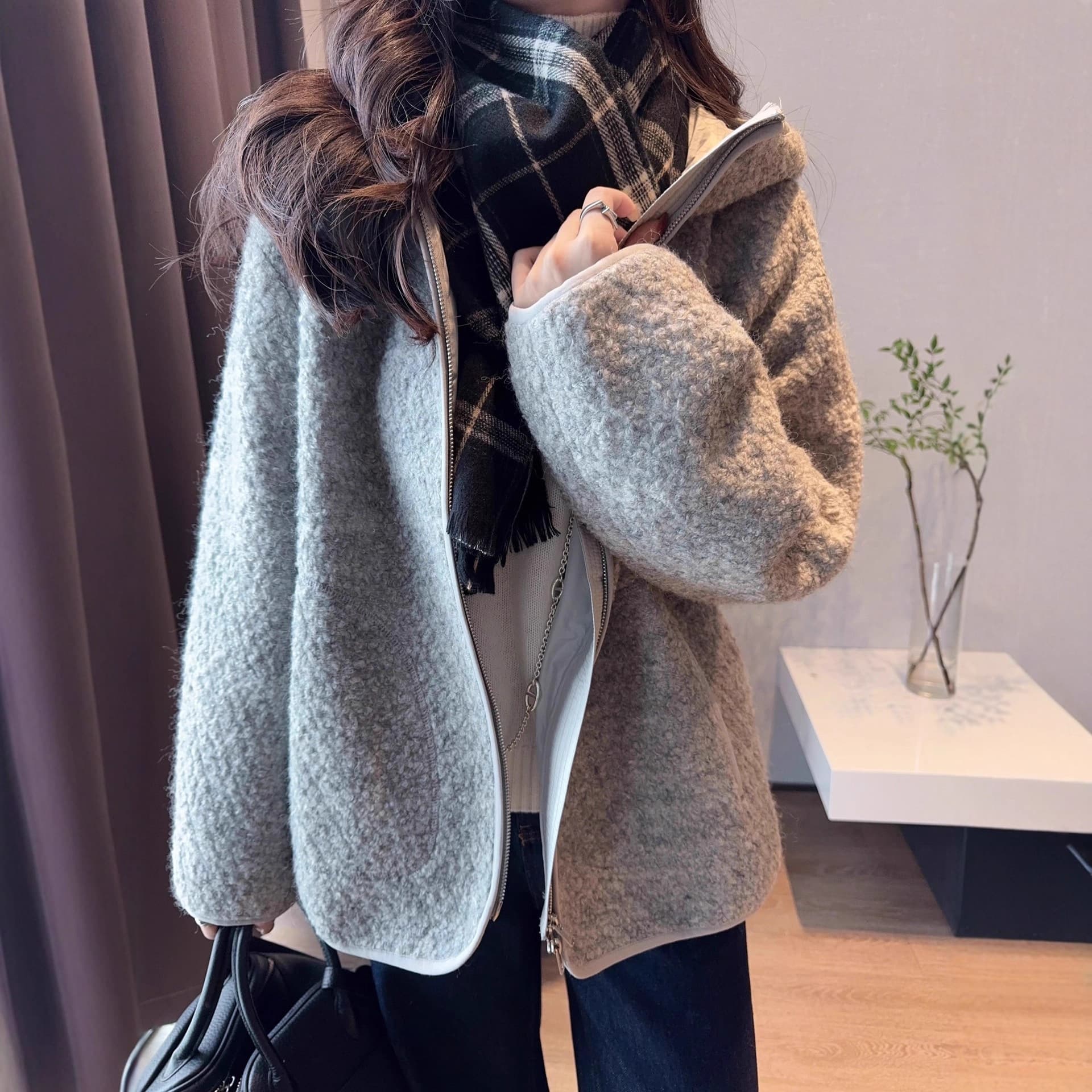 Fall/Winter Fashionable Street Style! Casual Versatile New Curly Wool Zip-Up Hoodie Loose Short Jacket for Women