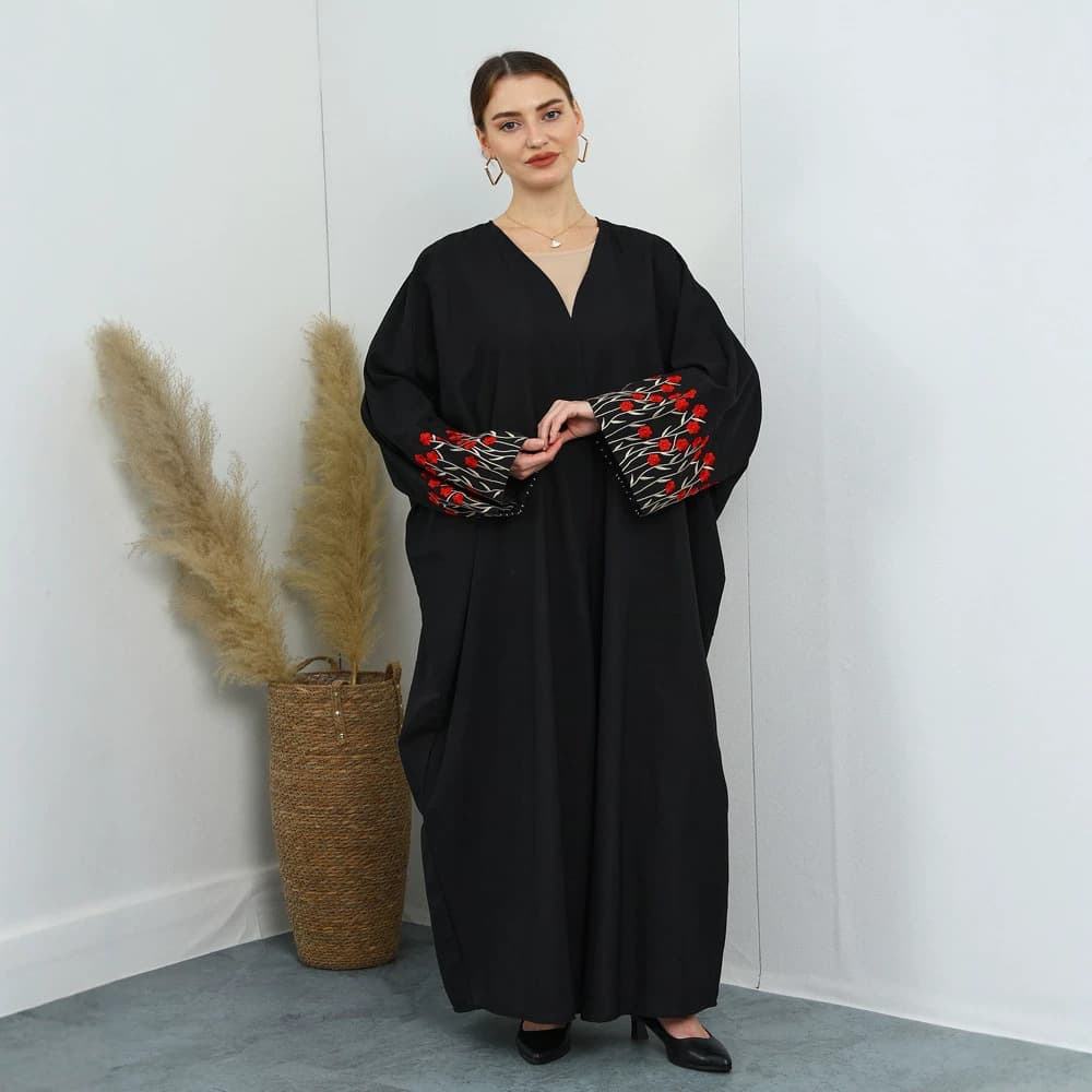 F453 Women's Foreign Trade Clothing Cross-border Embroidery Plus Size Cardigan Long Dress Fashionable Outerwear Loose Embroidered Batwing Sleeve Dress