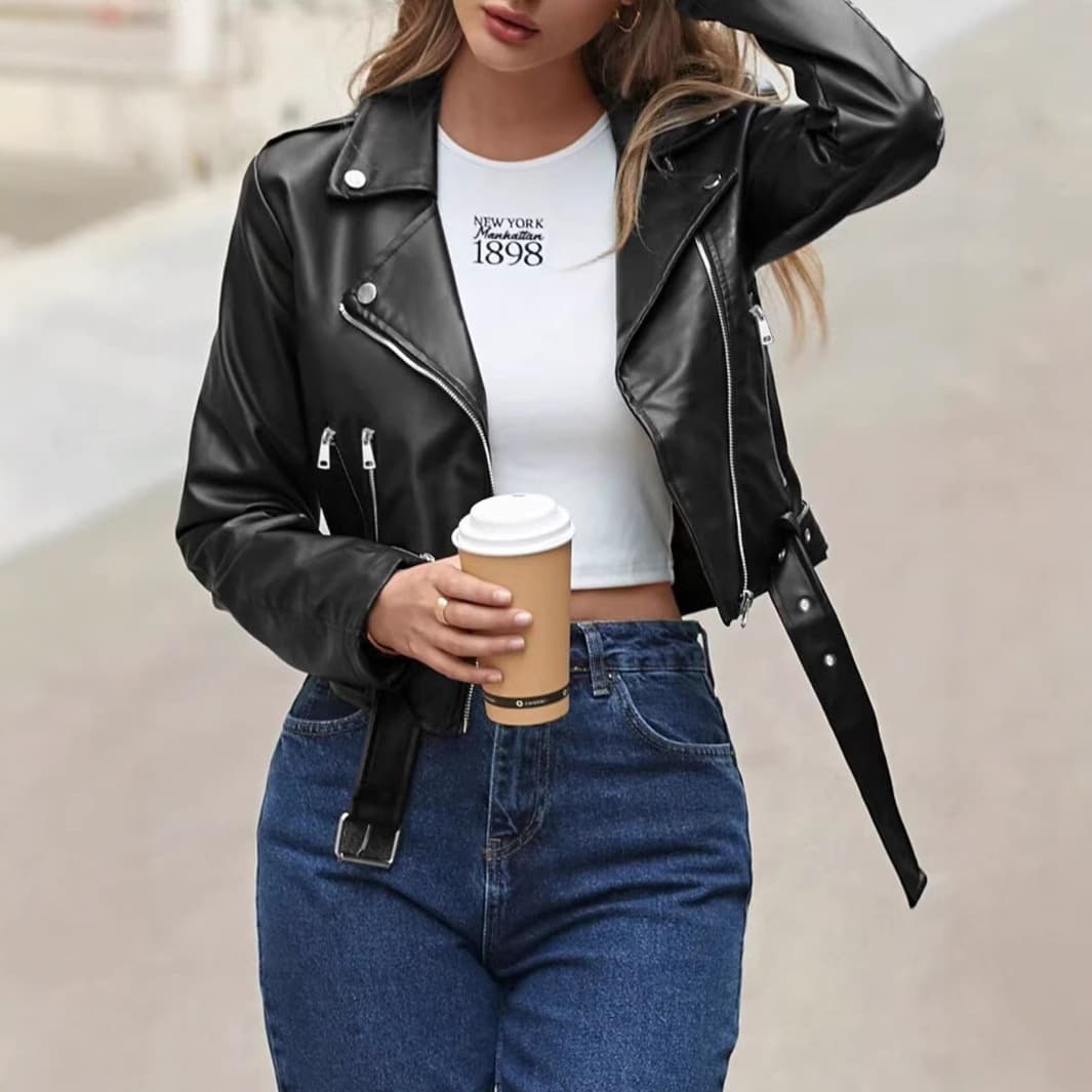European and American clothing wholesale retro stylish ladies 2025 spring and summer new motorcycle jacket leather jacket top