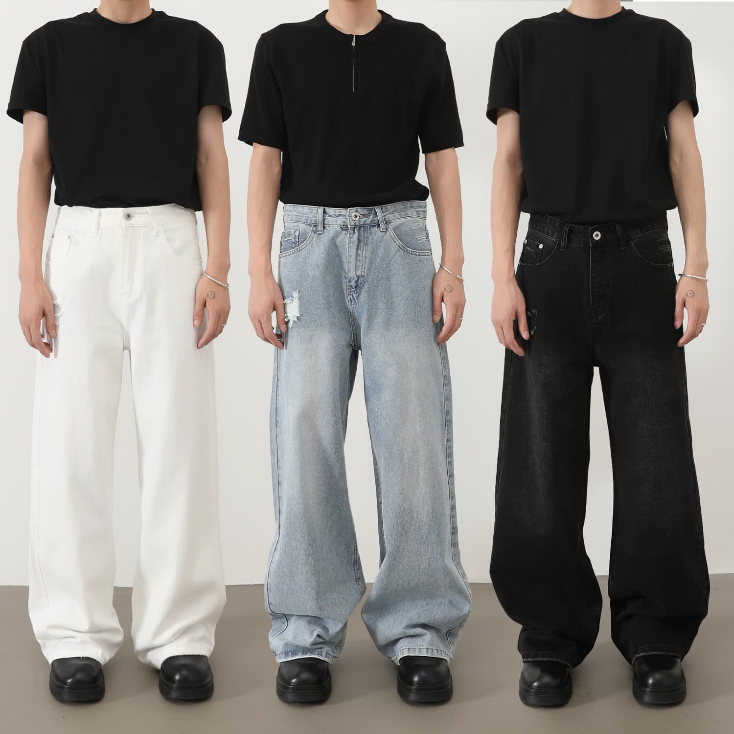 nirben denim | American retro washed jeans for men, high-end, simple, versatile, loose, ripped, wide-leg pants