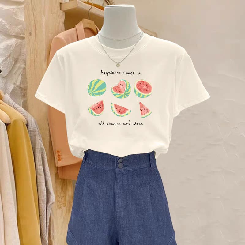 Summer Cotton European Style Watermelon Print T-Shirt Short Sleeve Loose 2025 New Apricot Ins Round Neck Youthful Top