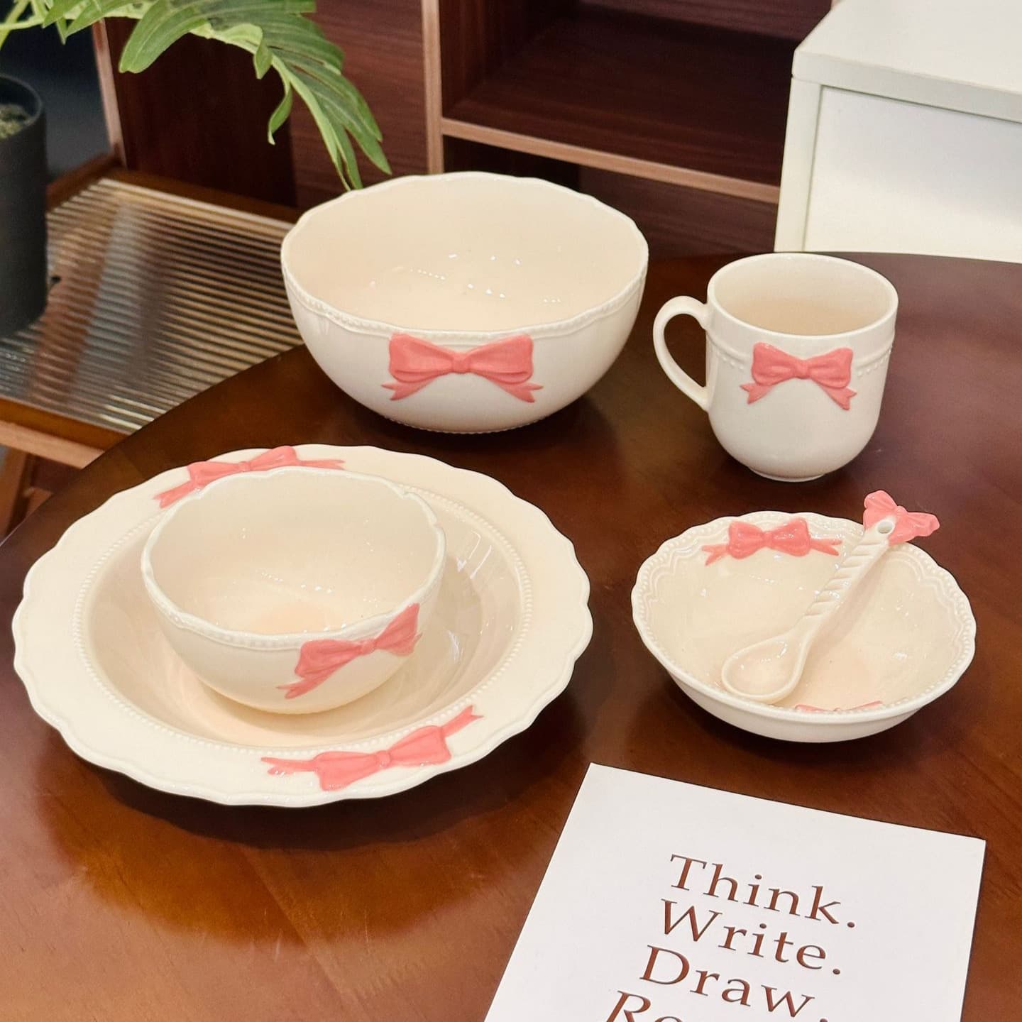 High-Aesthetic Bowknot Pearl Dot Rice Bowl Hand-Painted Home Soup Bowl Pink Girl's Heart Vegetable Plate Underglaze Color Tableware