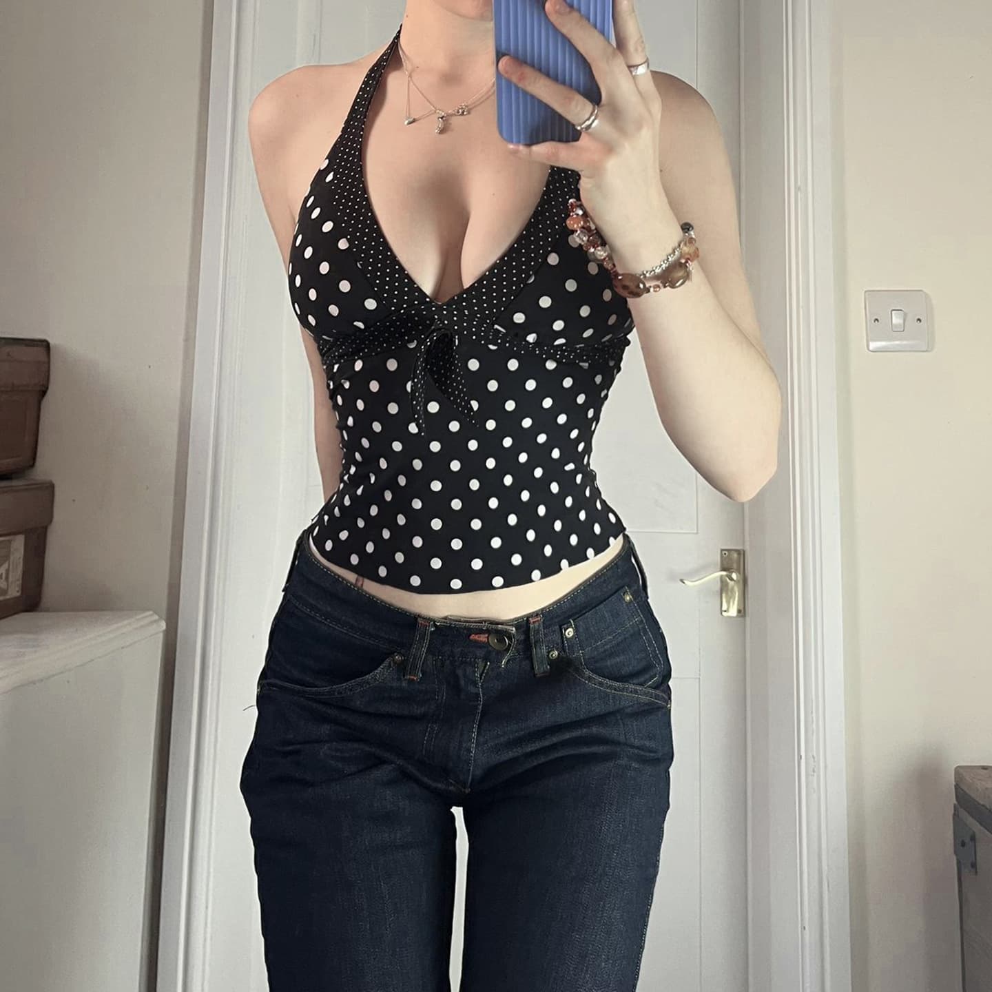 W470Tp European and American Cross-Border Sexy Polka Dot Deep V Neck Halter Vest New Navel-Baring Short Sleeveless Sexy Women's Clothing