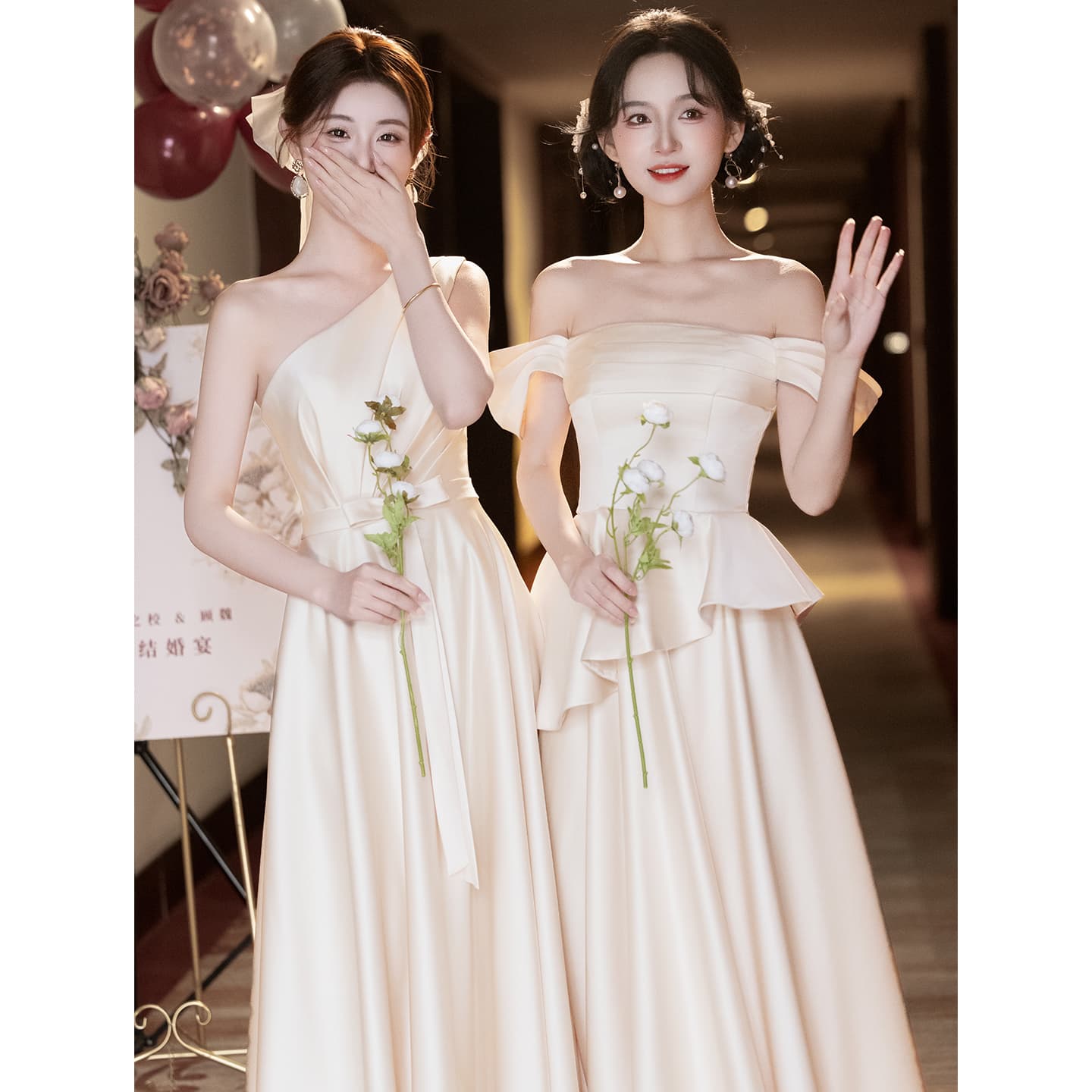 2025 New Champagne Satin Bridesmaid Dress Host Performance Sister Group Birthday Evening Dress Wearable Daily