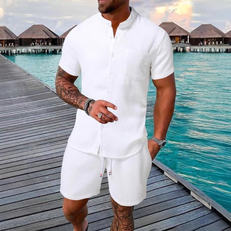 Summer 2025 Amazon Casual 2-Piece Men's Simple Solid Textured Short Sleeve Shirt and Shorts Set