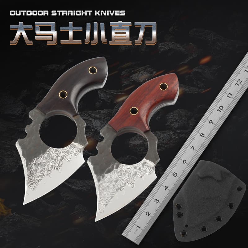 Amazon Hot Selling Damascus Steel Straight Knife Outdoor Camping Multi-Purpose Small Knife Personal Defense High Hardness Small Axe