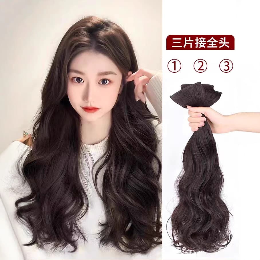 Long Wavy Realistic Human Hair Wig Clip-In Hair Extensions for Women, Voluminous Thickening, Invisible 3-Piece Hairpiece