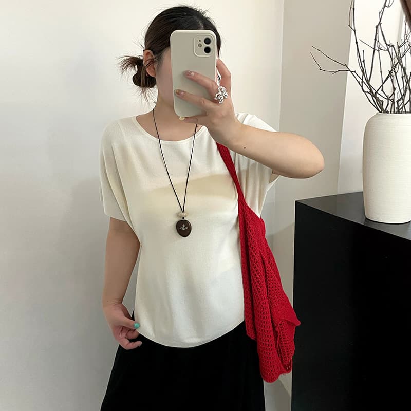 Plus-Size Women's Round-Neck Loose Batwing Sleeve Top 2026 Summer Slimming Waist-Cinching Knit Short-Sleeve T-Shirt 23909