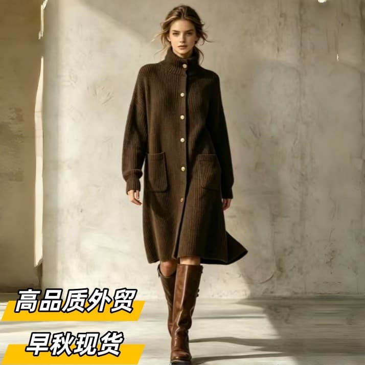 2026 European and American Fashion Lazy Style High-Neck Single-Breasted Solid Color Long-Sleeve Knitted Cardigan Mid-Length Coat for Women Spring and Autumn