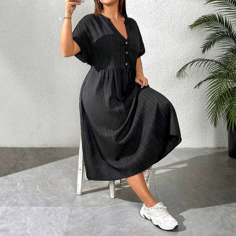Plus Size Loose Striped Dress for Women, New Summer Style, Slimming Mid-Length Casual V-Neck Short Sleeve Dress