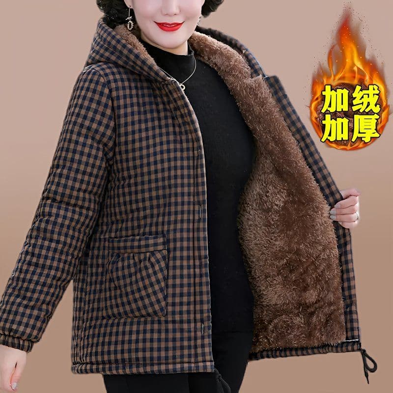 Mature women's winter fleece-lined thickened cotton jacket plus-size loose hooded padded coat mom warm plaid cotton outerwear.