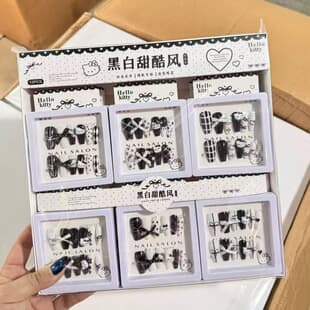New Press-On Nails, Boxed Black and White Nail Stickers, Cute 3D Nail Art Tips, Girl's Fake Nail Stickers Wholesale